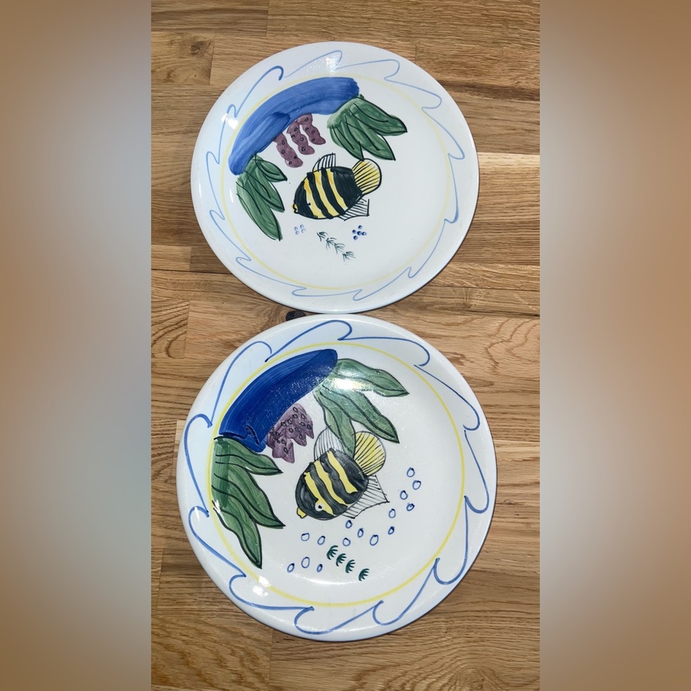 2 Emerald Collection Hand Painted Dinner Plate Fish Ocean +Rare
